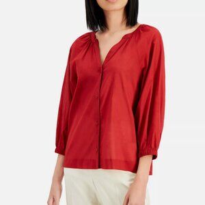 Alfani Terra Nova Cardinal Rouge Red V Neck Button Down Peasant Blouse